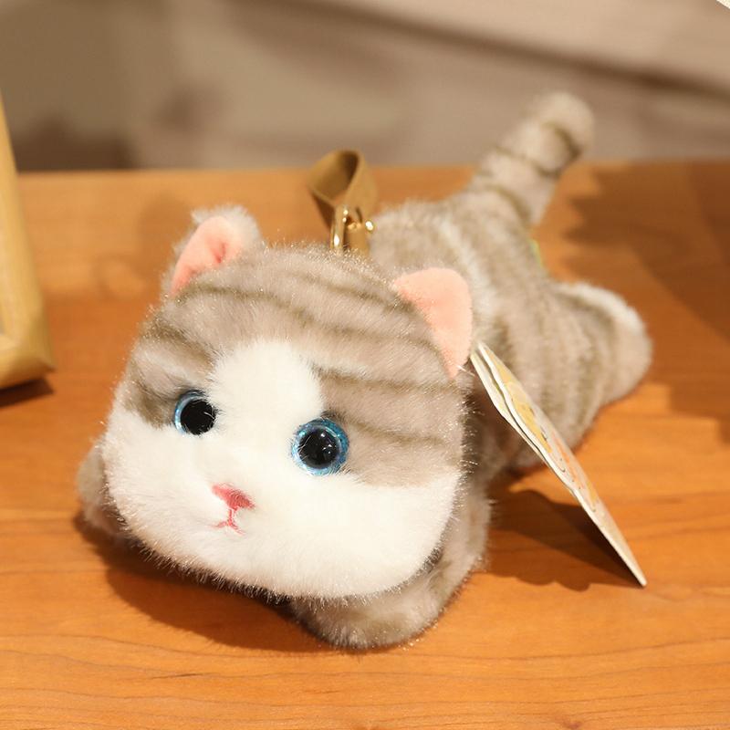 16cm Cute Simulated Lying Cat Plush Keychain Soft Stuffed Animal White Black Kitten Pendant Doll Kids Birthday Gift