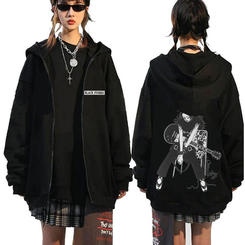 Japanese Anime Black Stone Zipper Hoodie Men's and Women's Manga Casual Zipper Jacket Men's Retro Harajuku Zipper Sweatshirt