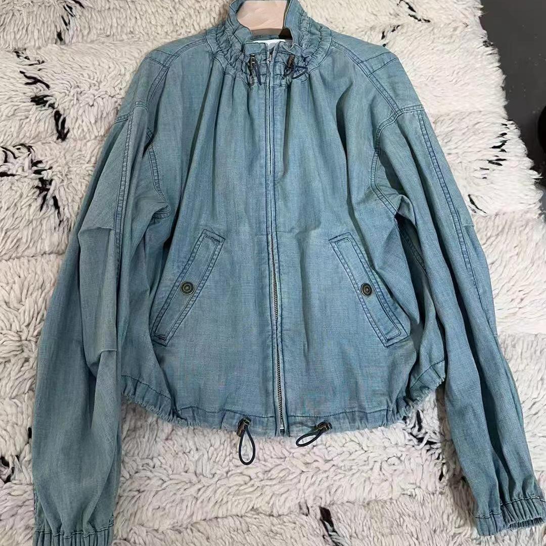 2026 Early Spring Arrival: Distressed Light Blue Floral Stand Collar Zipper Jacket with Striped Long Sleeves for Women M