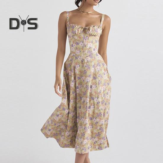 Damesjurk Laag uitgesneden rugloze mouw Bloemenprint Hoge strakke taille Hoge split Zomer Midi-jurk Feestgala Strandjurk