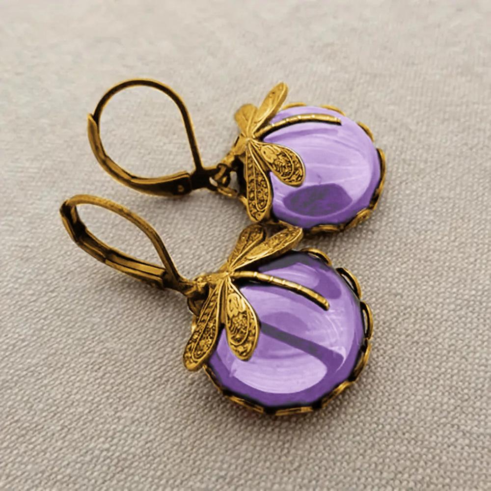 Retro European Mori pastoral earrings for women, imitation moonstone dragonfly earrings, round exquisite daily models