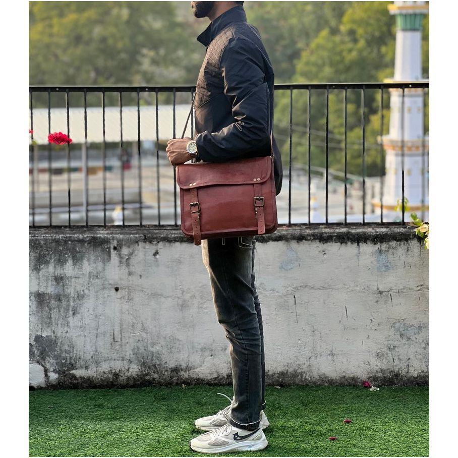 13" Leather Messenger Bag Laptop Case Office Briefcase Gift for Men Computer Distressed Shoulder Bag