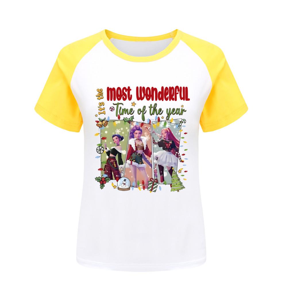 

5096 Детская футболка для девочек на Рождество и Новый год Rumi Zoey Mira с принтом реглан с короткими рукавами 170cm жёлтый