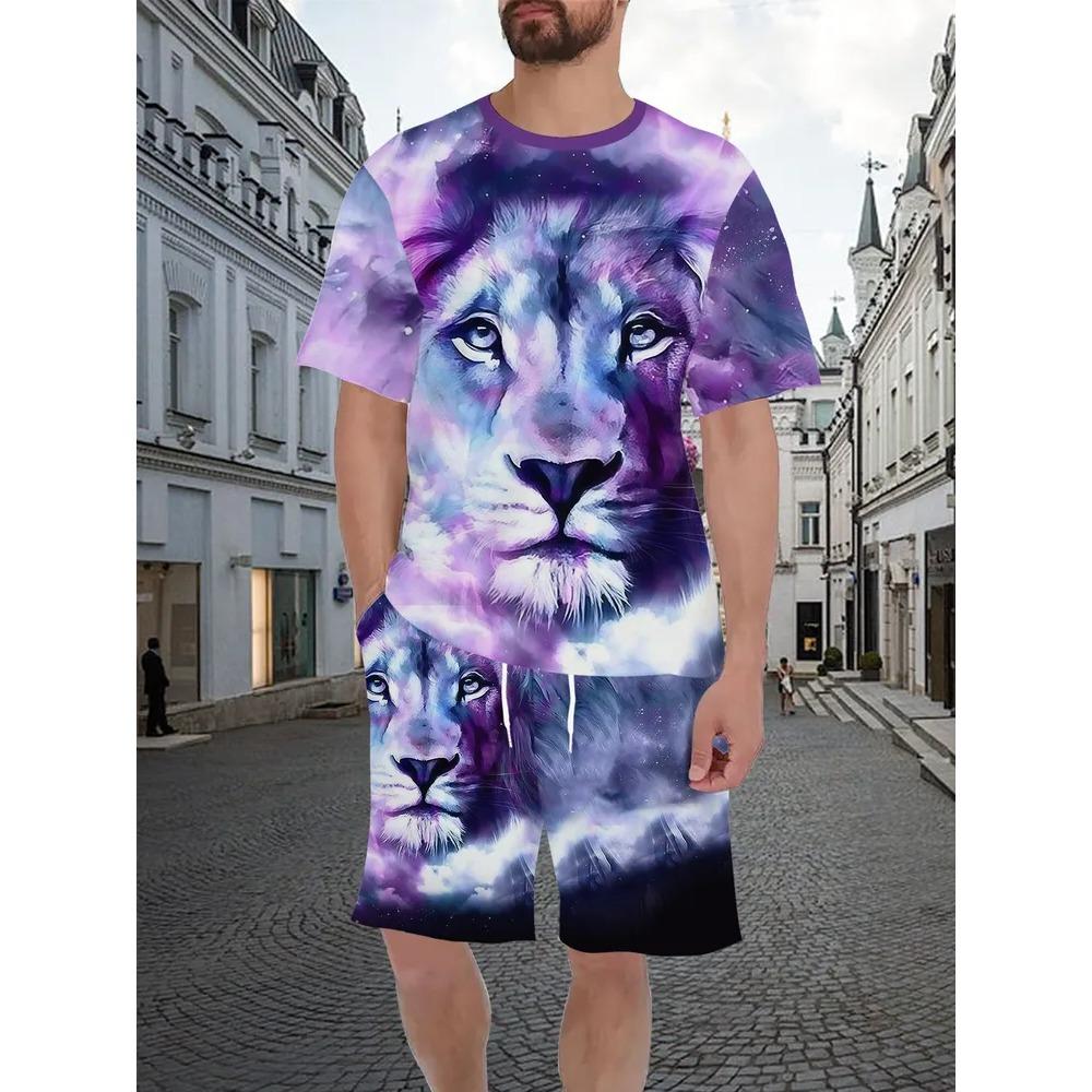 Summer Men's Two-Piece Set Animal 3D Printed Sports Wear Fashionable Soft Comfortable Breathable Large Loose Casual Style Sports Wear