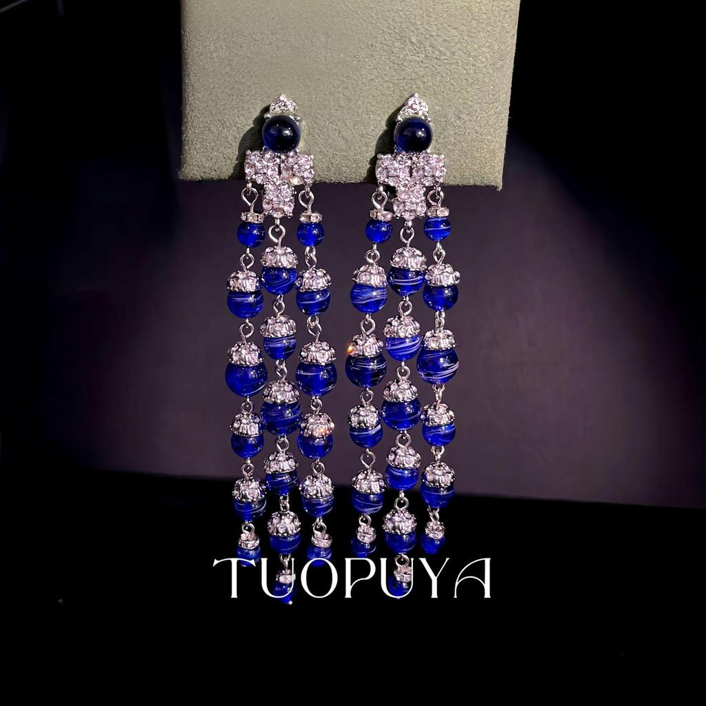 Elegant Blue Glaze Diamond Tassel Clip Earrings for Formal Gowns