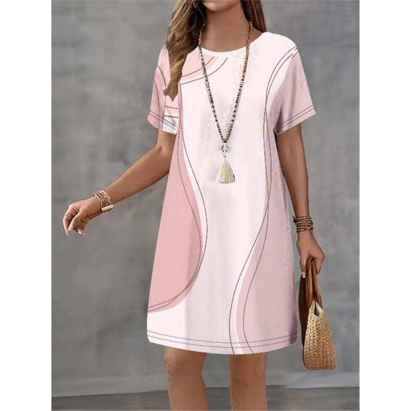Women Dress Stripe Gradient Printing Design Sense Pattern New Summer Elegant A-Line Short Sleeve Dress Casual Mini Dress