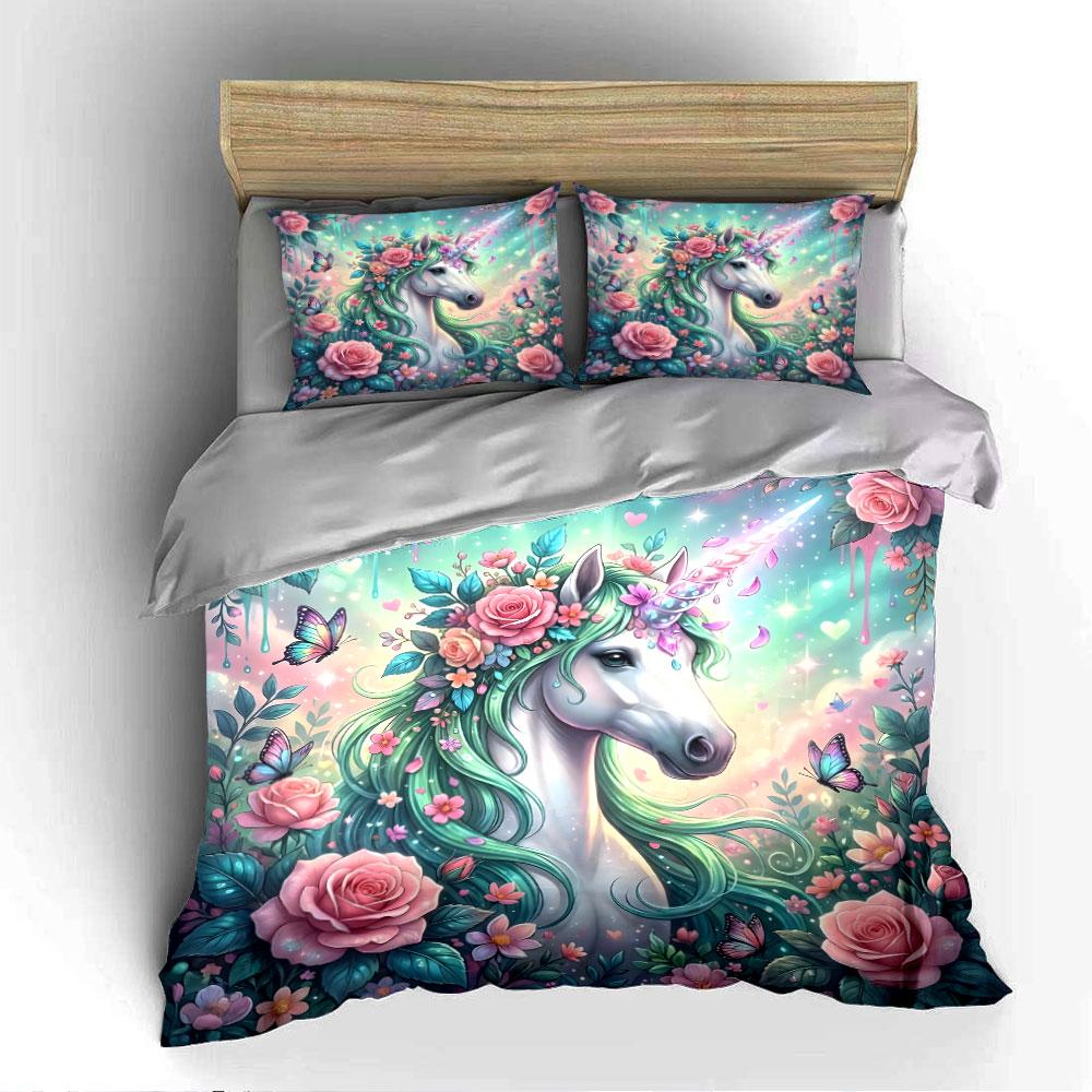 Unicorn with Flowers and Butterflies Bedding Duvet Cover Set (1*Duvet Cover 2*Pillowcases, without duvet insert)
