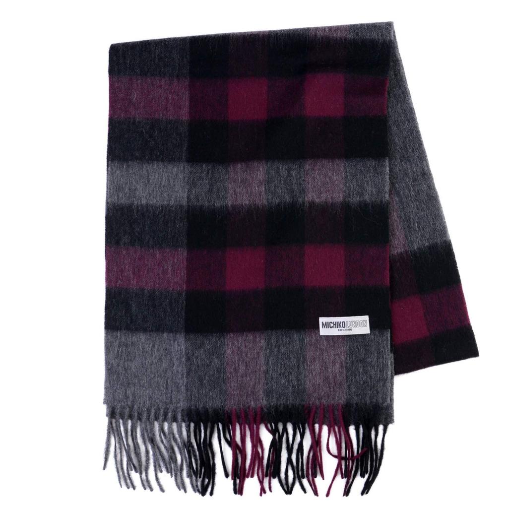 MICHIKO LONDON Brand Wool Scarf, Unisex, Warm Winter Muffler, Block Check (Pattern D Wine/Gray)