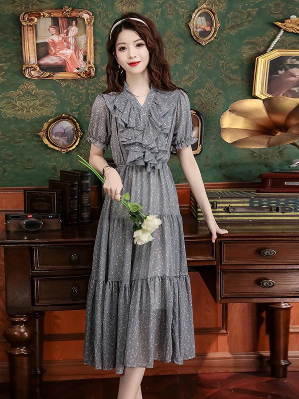 

French Ruffle Patchwork Chiffon Dress: Lightweight, Slimming, Puff Sleeve Vacation Style with Print Design for Women Small