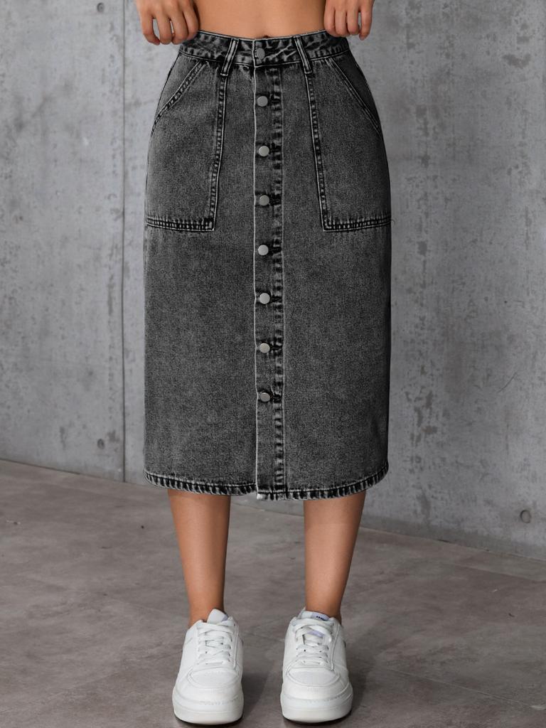 Women's High Rise Pencil Denim Skirt Slim Midi Skirt Streetwear Spring Sexy Hot Girl Button Front Split Hem Solid Color Bodycon Bottoms