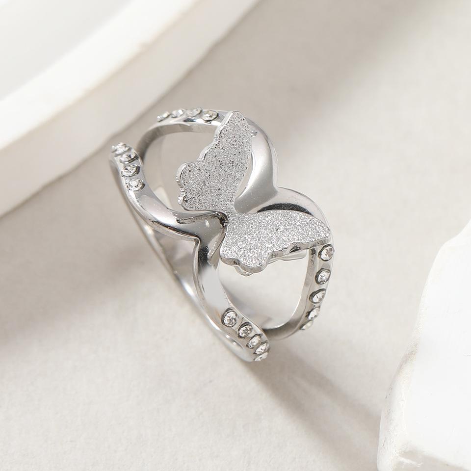 

European & American Minimalist Butterfly Diamond Titanium Steel Ring Size 6