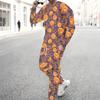 Men Orange Color Block Leopard Pumpkin Sunflower Print Long Sleeve Sweatshirt Jogger Pants Two Piece Suit