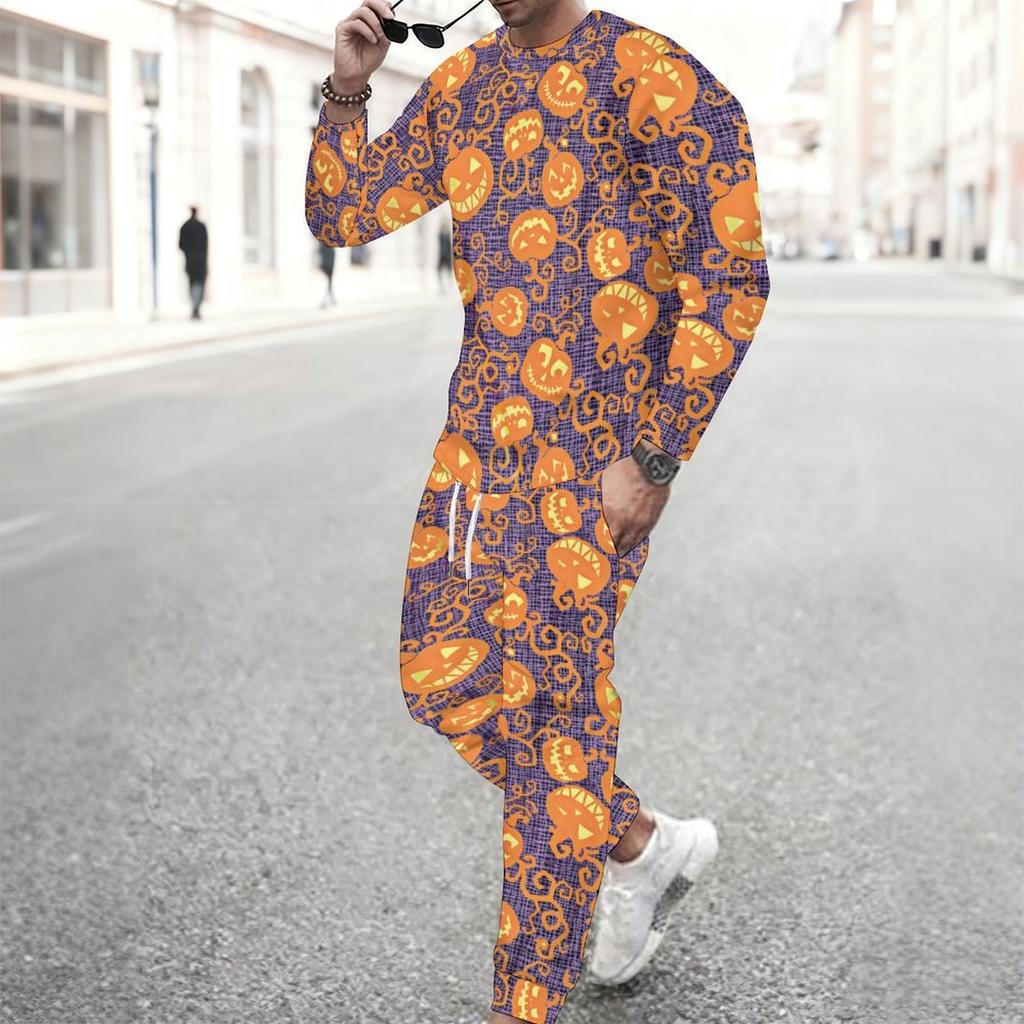 Men Orange Color Block Leopard Pumpkin Sunflower Print Long Sleeve Sweatshirt Jogger Pants Two Piece Suit