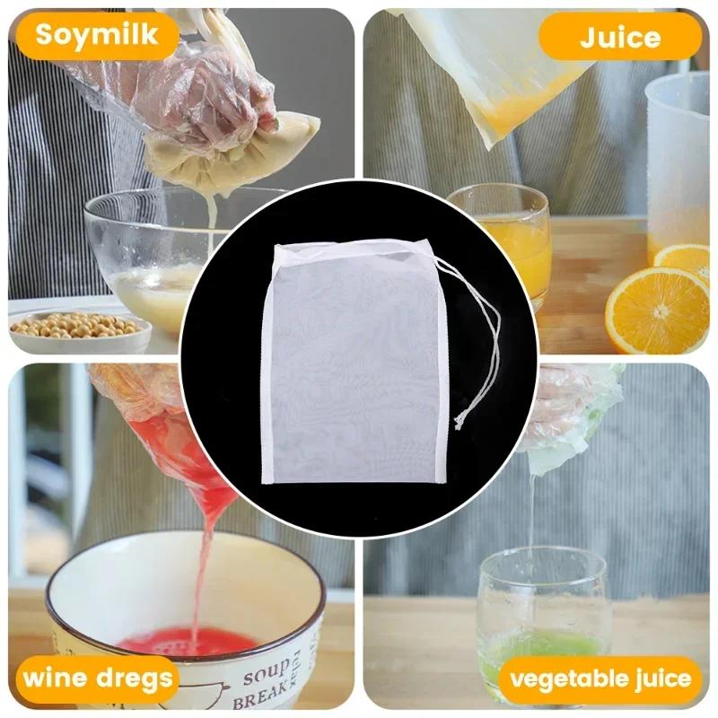 Nylon Milk Filter Bags 100Mesh Reusable Soy Yogurt Tea Beer Coffee Oil Food Filter Net Drawstring Kitchen Strainer Bag Colander