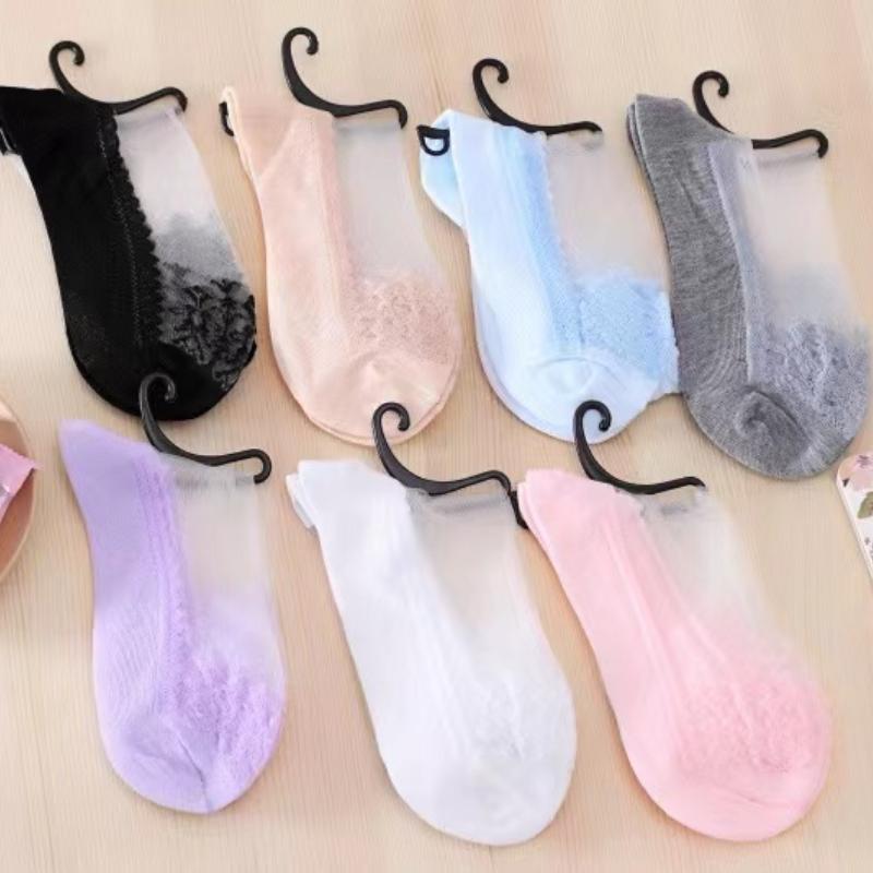 1 Par Verano Primavera Damas Ultradelgados Bordado de Encaje Seda Transparente Vidrio Cristal Elásticos Calcetines Suaves Elásticos Transpirables para Mujer