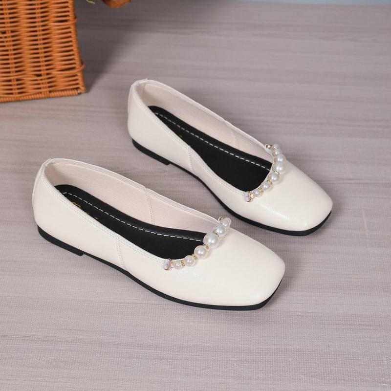 Women Square‑Toe Pearl Mary Jane Flats Soft Leather Ballet Shoes
