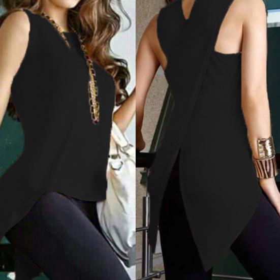 Sexy Lady Solid Color Sleeveless Round Neck Back Slit Irregular Hem Vest Tank Top
