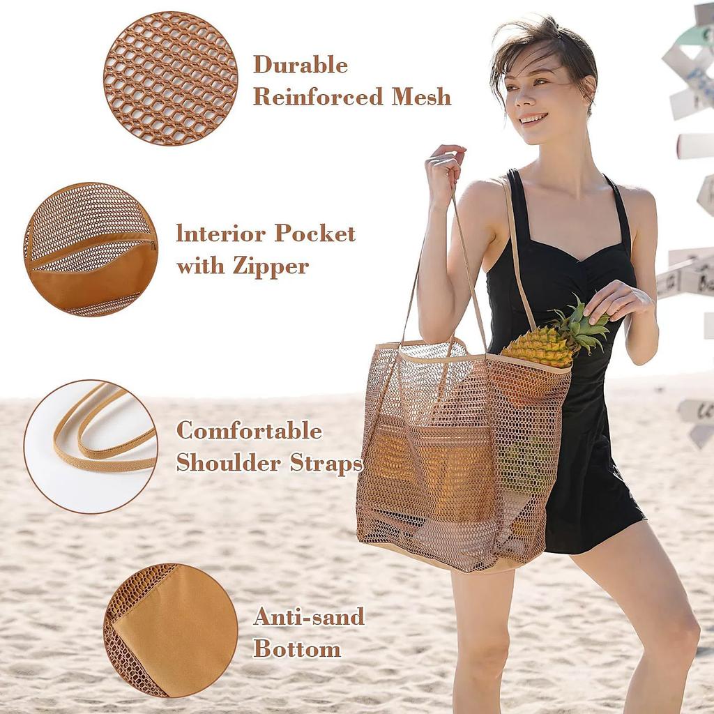 Mesh beach bag, women's shoulder tote bag, large capacity foldable mesh swim bag with pocket.-zmt