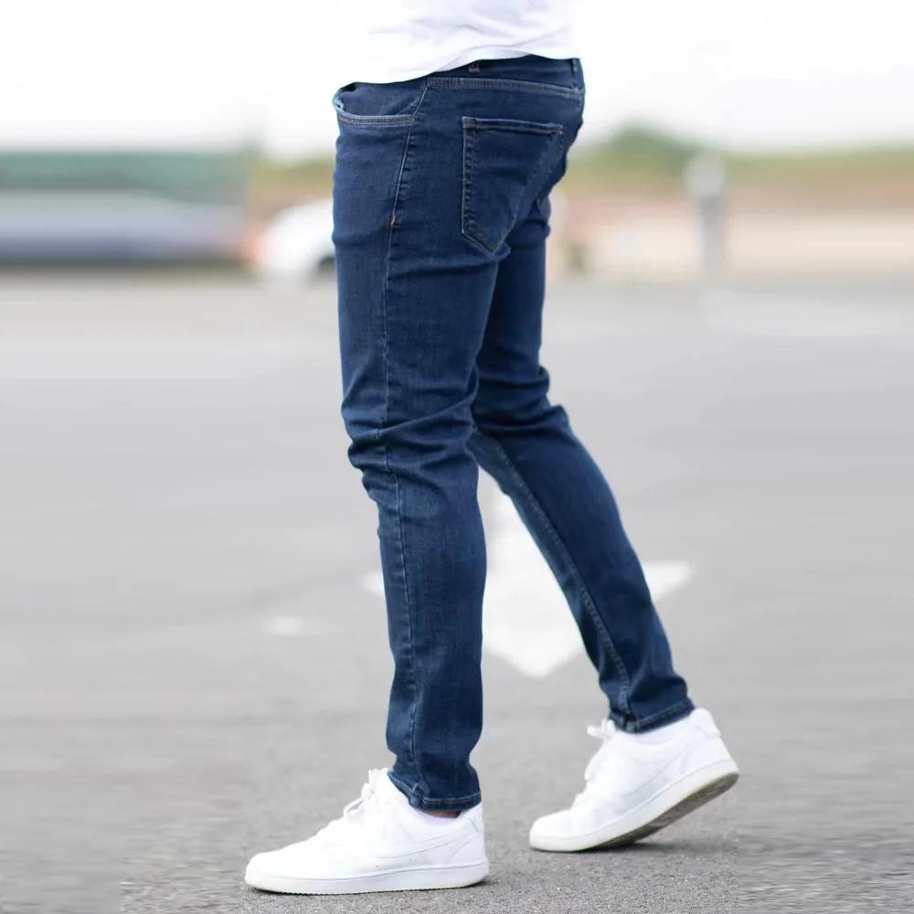 Spring Mens Black Blue Pants Pure Color Stretch Jeans Street Casual Slim Fit Trousers Male Vintage Wash Skinny Jeans for Men