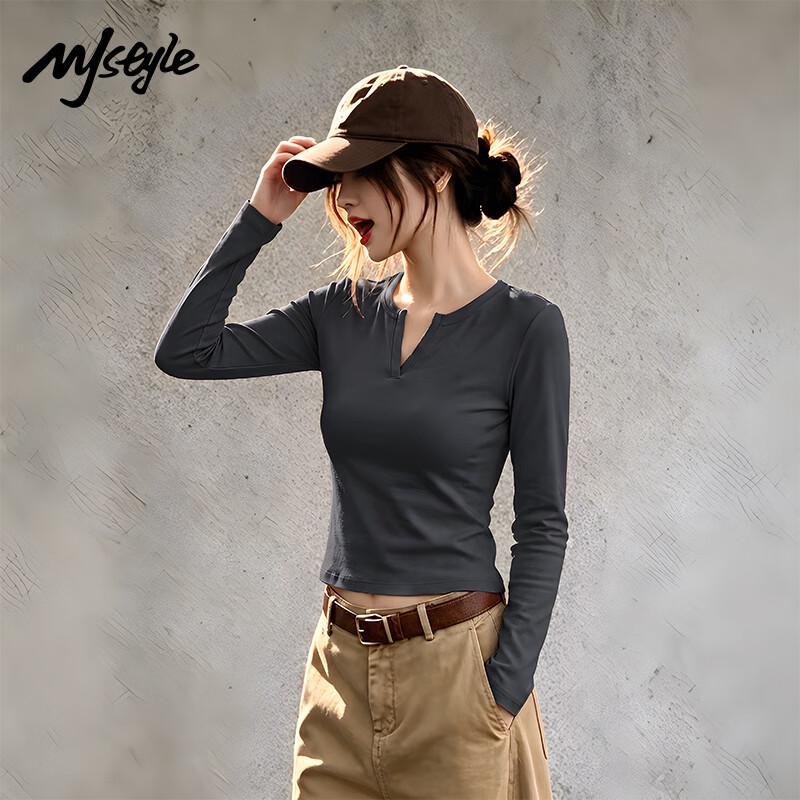 MJ STYLE Women's Slim-Fit V-Neck Long Sleeve Ribbed T-Shirt
