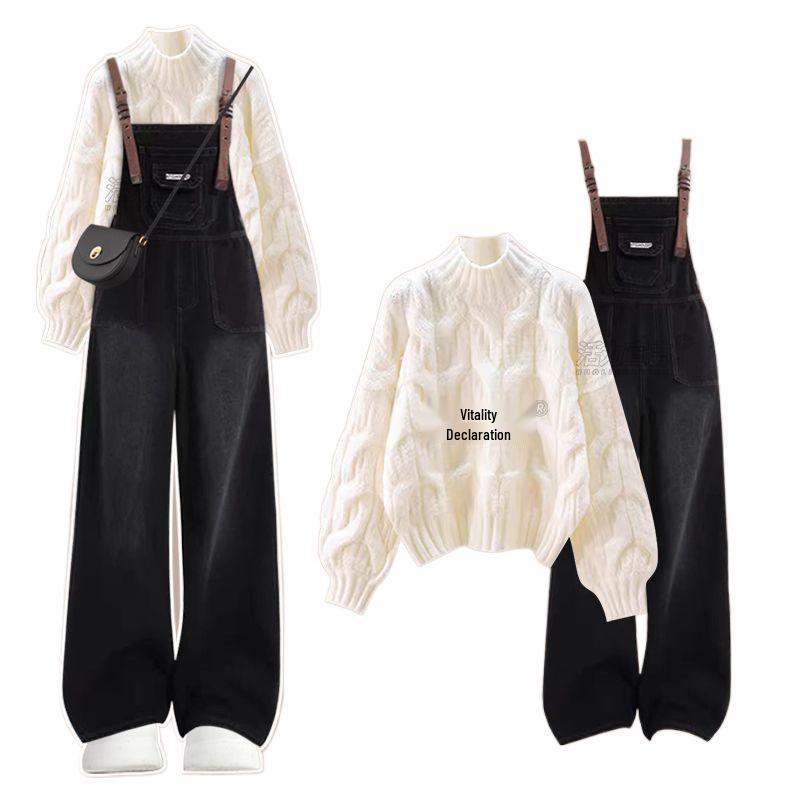 Winter 2025 Women's Plus Size Cable Knit Sweater & Denim Overalls Set