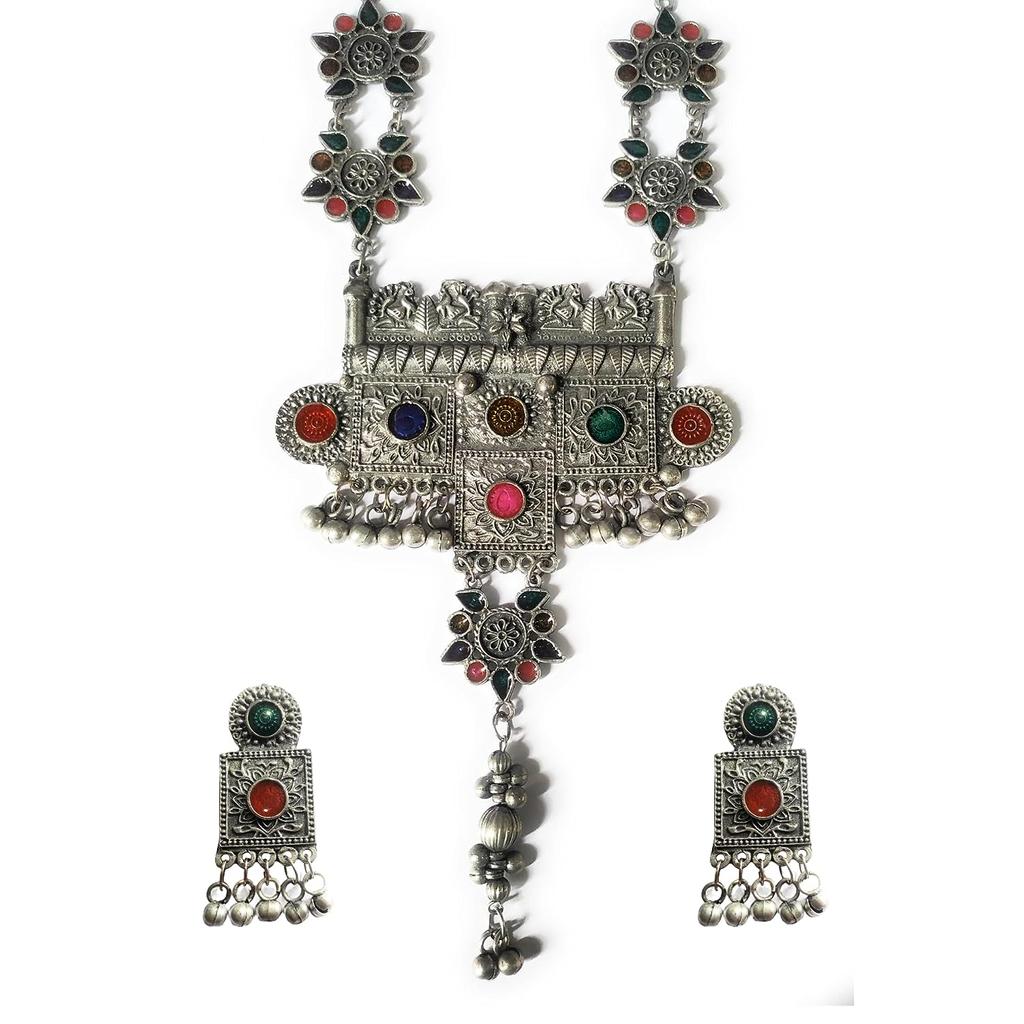 Indien Silber oxidierte Tribal Tibetisch Afghani Bohemian Choker Halskette mit Tropfen mit Emaille Minakari für Frauen und Mädchen