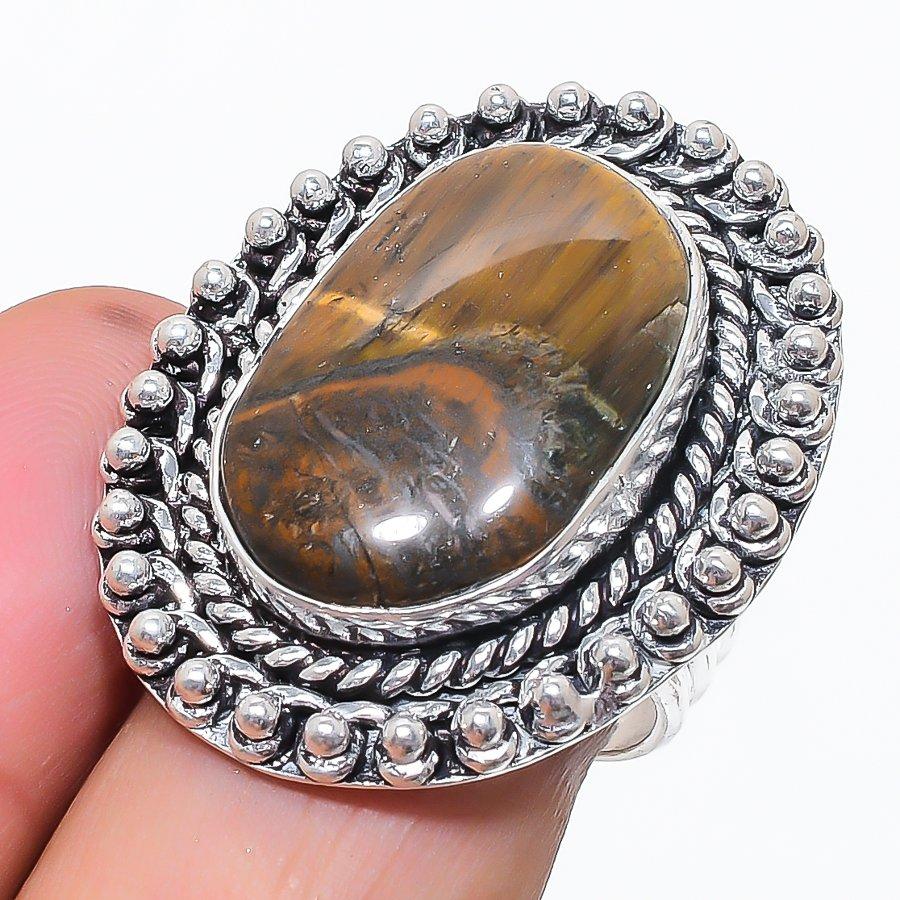 Natural Tiger Eye Gemstone 925 Sterling Silver Jewelry Ring Size 8.5 y9Q78