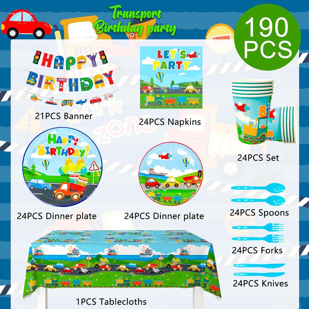 190pcs Transportation Birthday Party Supplies, Transportation Party Tableware Set-Banner Tablecloth Plates Napkin Etc