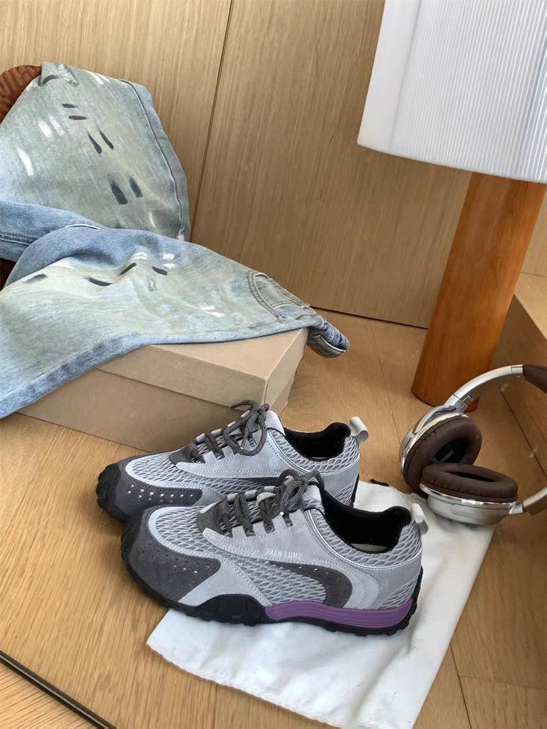 Autumn New Leather Mesh Soft-soled German Training Shoes Women's Versatile Color Matching Fashion Casual Height-increasing Sports Forrest Gump Shoes