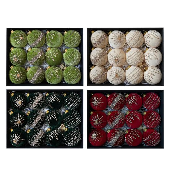 12 Pcs Velvet Glitter Christmas Ball Ornaments 3.15" Shatterproof Flocked Sequin Balls Christmas Tree Ornaments for Indoor Outdoor Holiday Party Decor