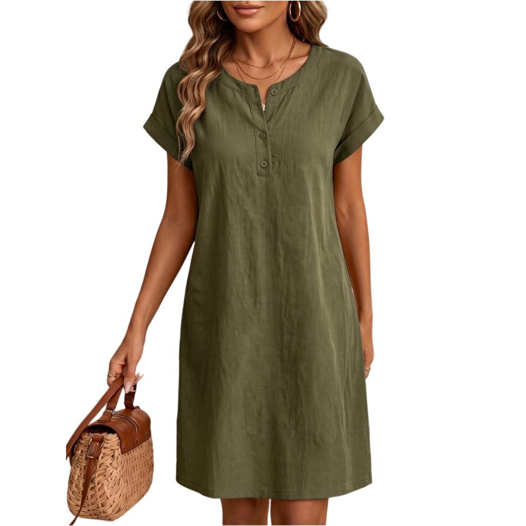 Damen Lässiges Locker Geschnittenes Pulloverkleid Kurzarm Knopfleiste Vorne Rundhals Entspannte Passform Sommerkleid