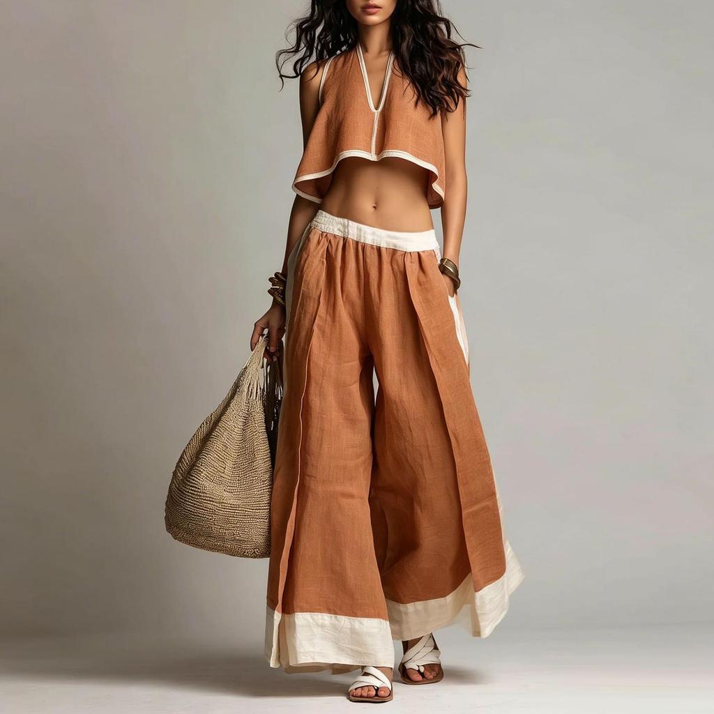 Women's Sleeveless V Neck Top and Wide Leg Pants Set Lightweight Two Piece Outfit Summer Spring Casual Loose Fit