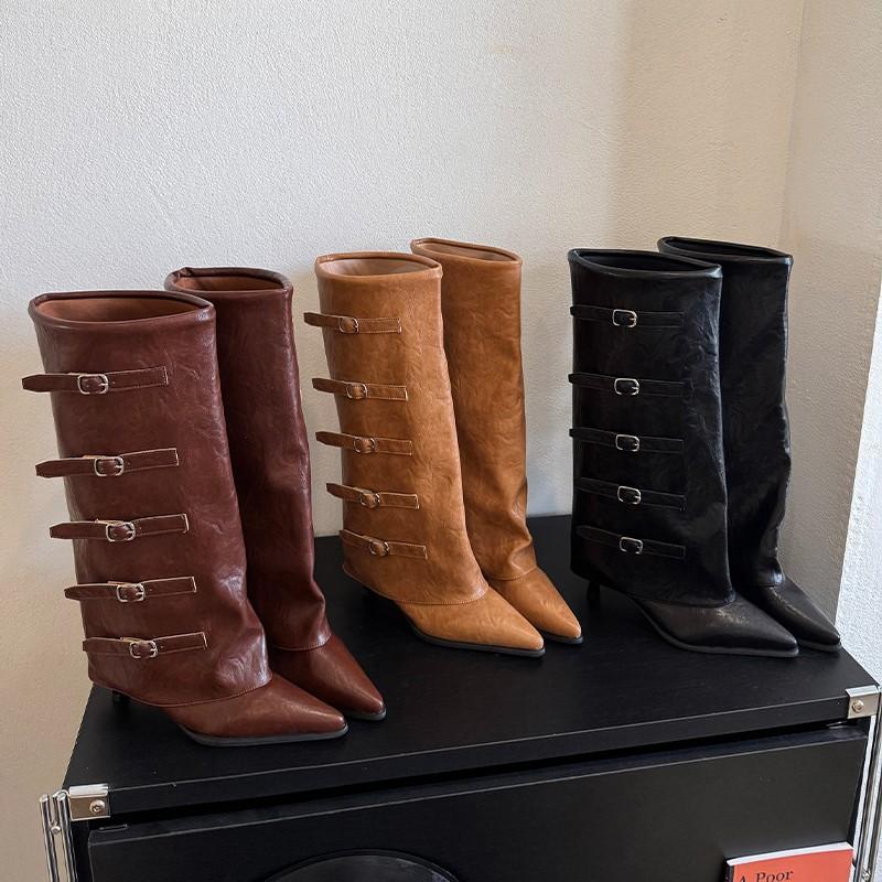Retro High Cut One Foot Buckle Pointed Knight Boots For Women,  Autumn And Winter Plus Size Pants And Women'S Shoes