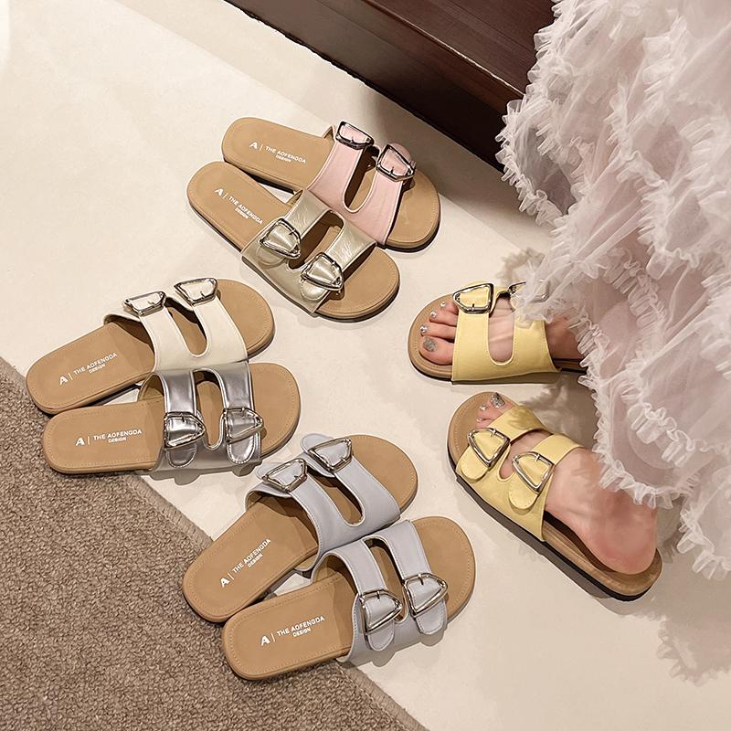 Fashion Belt Buckle Slippers Women's Fashion Round Head Open Toe Metal Buckle Soft Soled Non-slip Wear-resistant Flat Shoes