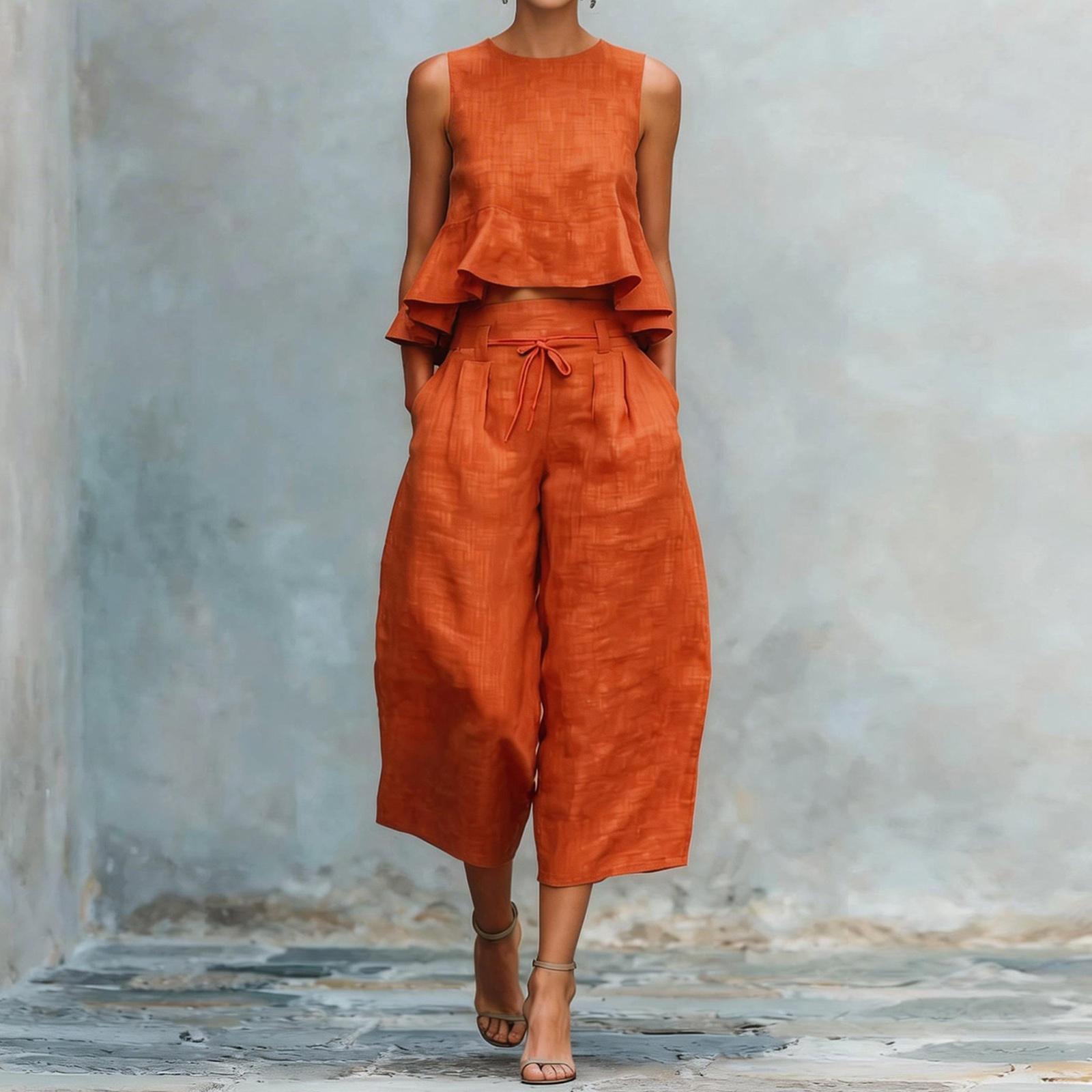 

Fashionable And Sexy Women s Spring And Summer Retro Elastic Waist Strap Linen Suit Women s Fashion Color Casual Two-piece Set S оранжевый