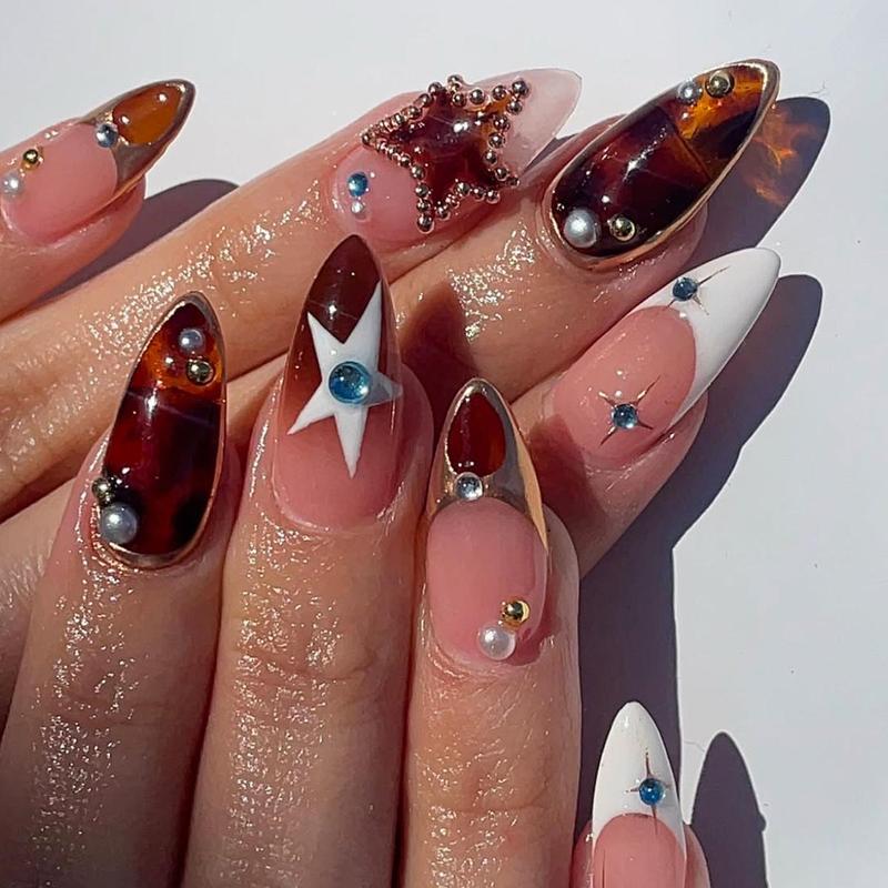 3D Korean Gold Leaf Shell Flower Rhinestone Nails - Handmade Wearable Almond Nail Tips