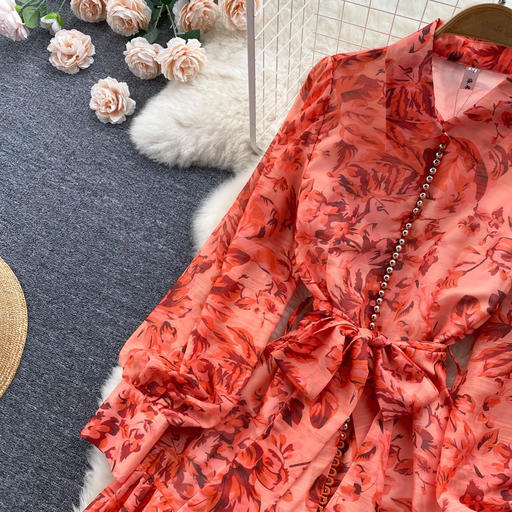 Damska Sukienka High Cold Imperial Sister Wind Wiosna i Jesień Wiązana w Pasie Elegancki Temperament Rozkloszowana Długa Sukienka