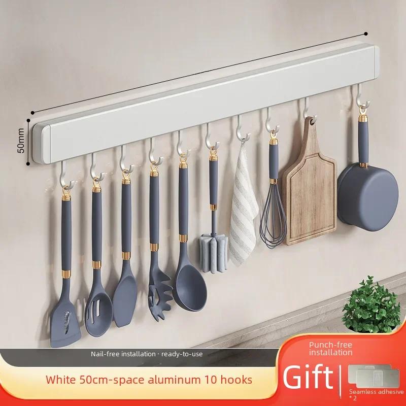 Kitchen Utensil Storage Organizer Non-perforated Wall Rack Movable Hook Spoon Holder Household Kitchen Mounted Arrangement Shelf