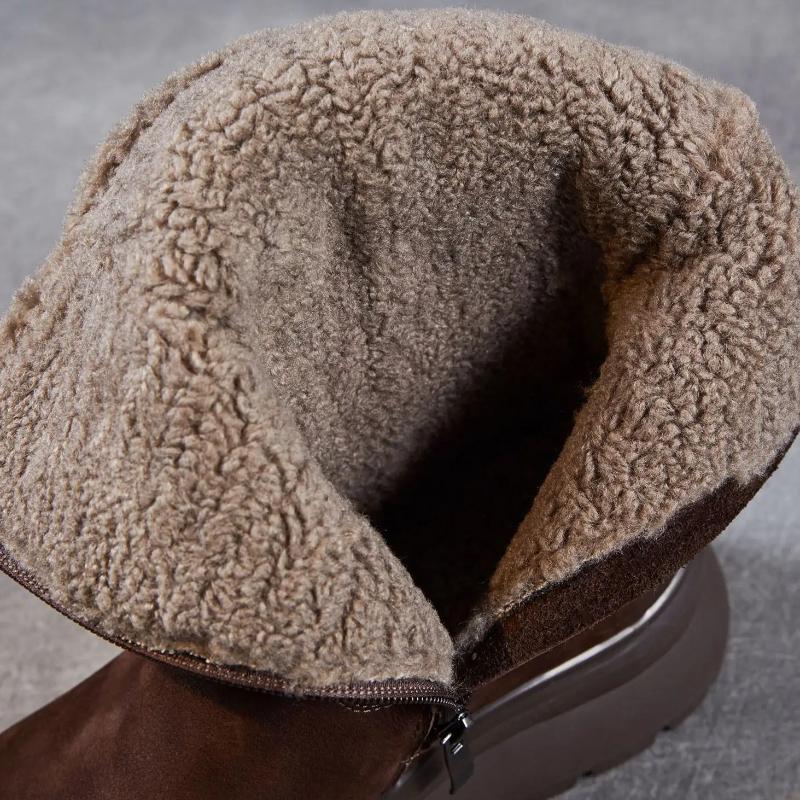 Johnature Anti Slip Thick Soled Snow Boots Belt Buckle Plush Warm Genuine Leather Women's Mid-calf Boots