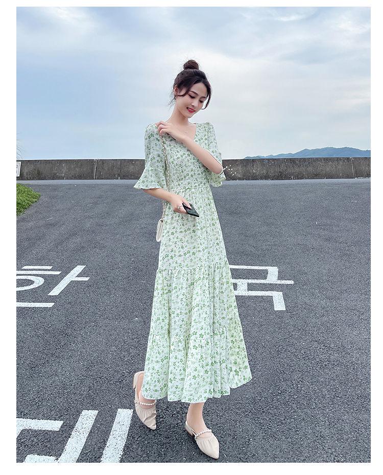 Women's Summer 2024 Floral French Retro Chiffon Long Dress - Over-the-Knee Cake Skirt