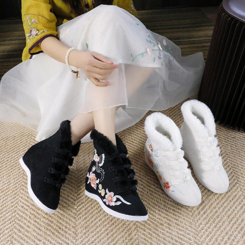 Women's Winter Warm Casual Ankle Boots Anti Slip Fleece Lined Snow Boots High-Top Shoes Comfortable Embroidered Faux Fur Lined Short Booties for Women