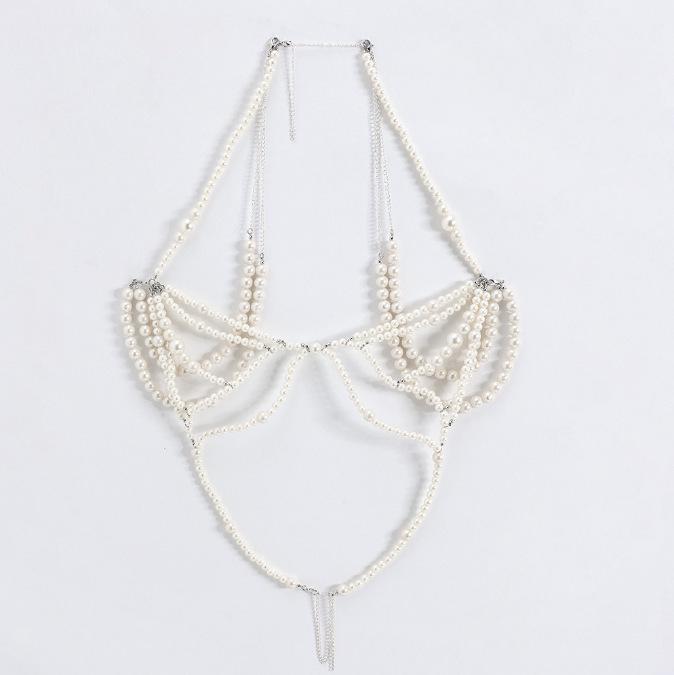 XH26918 Women's Sexy Halterneck Camisole with Faux Pearl Multi-Layer Chest Chain