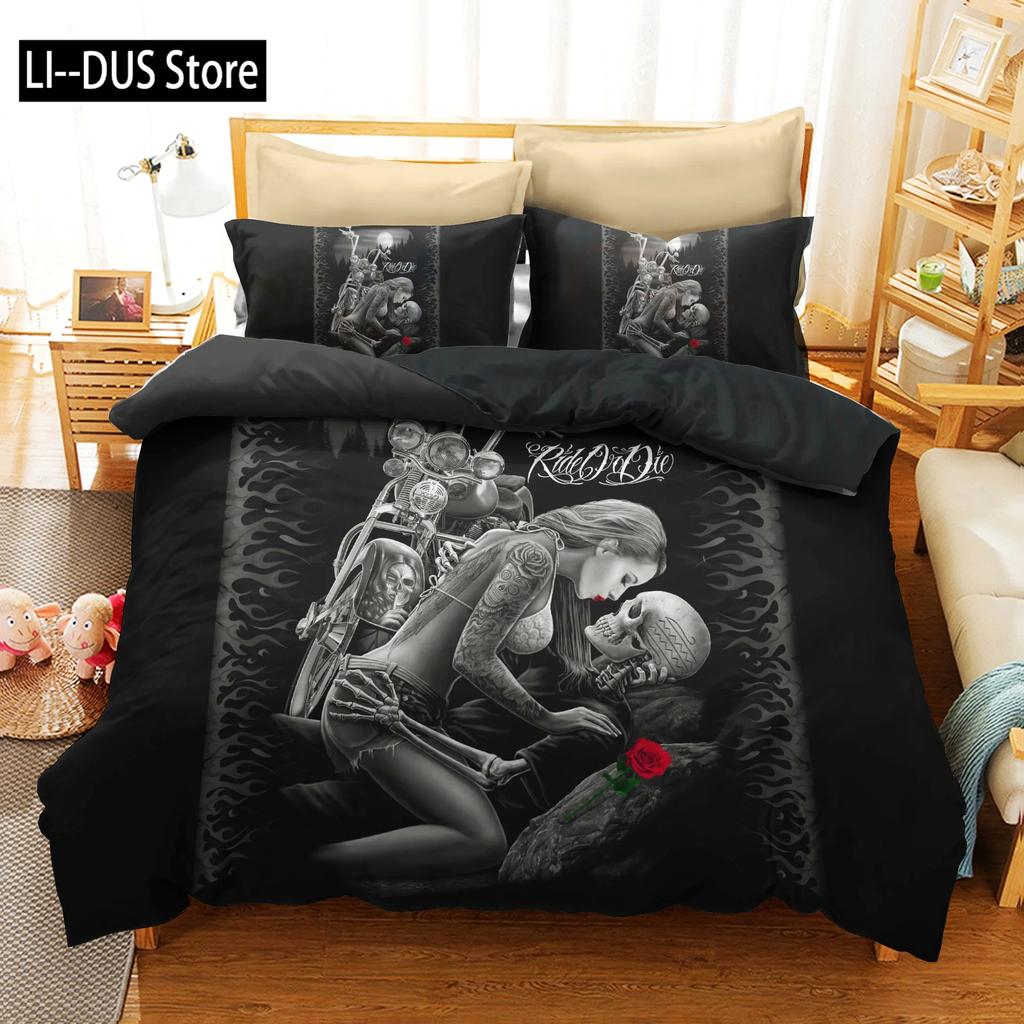 Human Skeleton Skull 3D Printed Bedding Set Motorcyc and Beauty Duvet Cover Sets Beds Quilt Covers Single Double Queen King Size