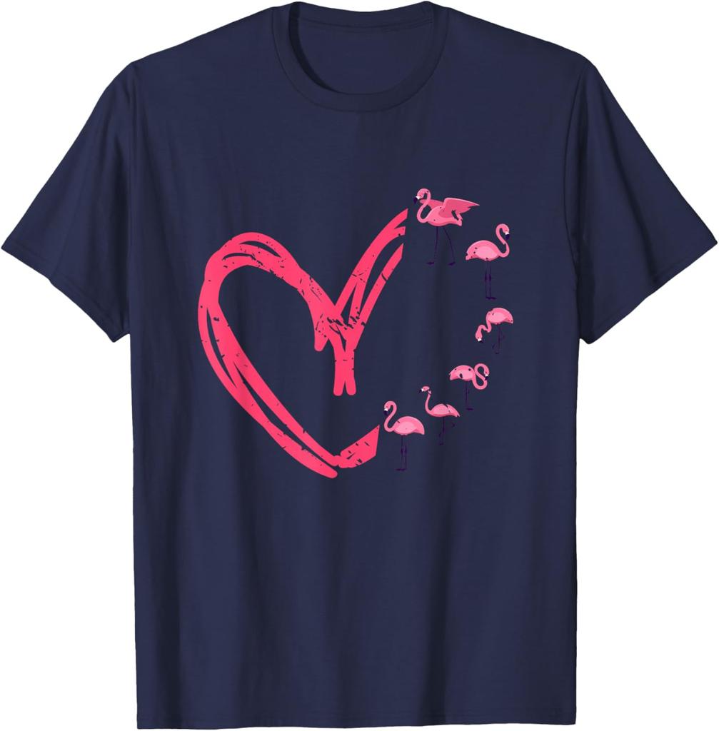 Flamingo Heart Graphic T-Shirt Casual Men's Short Sleeve Crewneck Cotton Tee Valentine Day