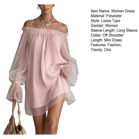 Dames Off Shoulder Mini Jurk, Lange Mouwen Ruches Doorzichtig Mesh Losse Korte Jurk, Casual Feest Uitgaan Clubkleding