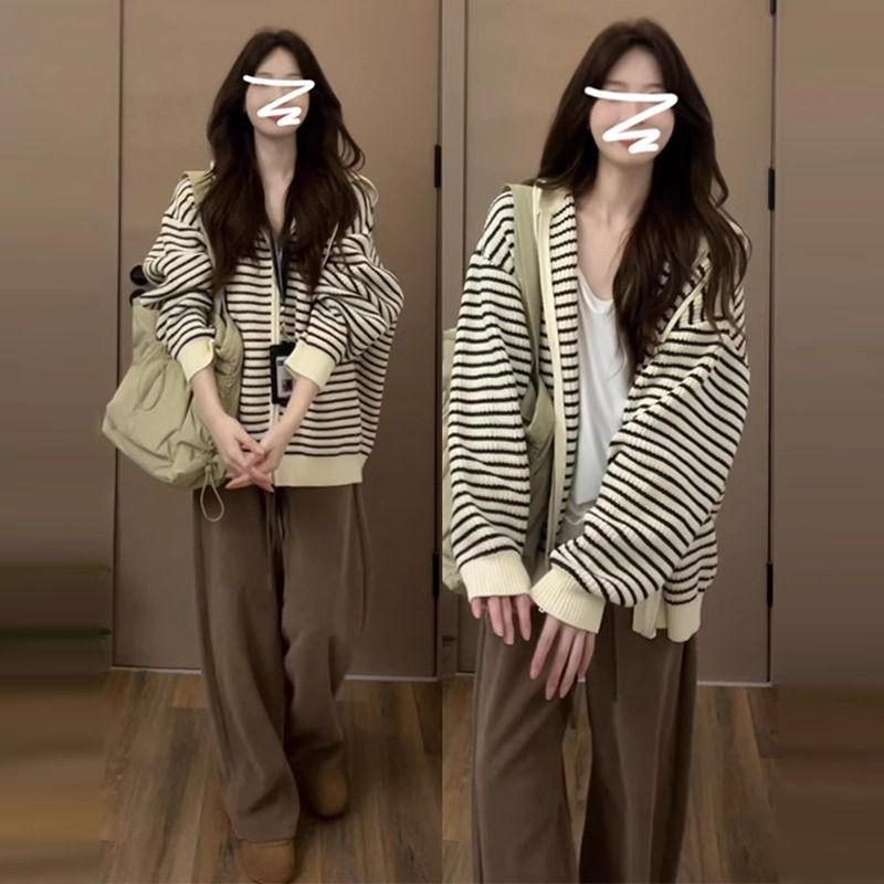 

Apricot Hoodie with Drawstrings Stripes Knitting Cardigan Female Autumn K-style Loose and Idle Phoenix Outerwear Sweater Jacket Apricot L