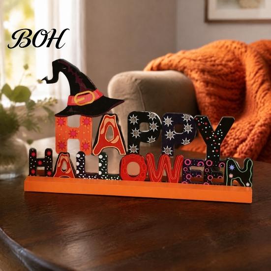 Creative Festival Table Signs Wooden Halloween Ornament, Trick or Treat/Boo/Happy Desktop Decoration Decorative Wood Lettering with Ghost Wizard