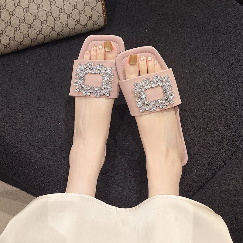 Wearing square head one-word drag rhinestone square buckle middle heel sandals women's summer new thick heel fashion slippers tide