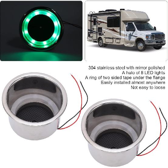 Akozon Luminous Cup Holder Insert, 2Pcs 8 LEDs Drink Holder With Draining Hole for Marine Boat Car (Green LED)