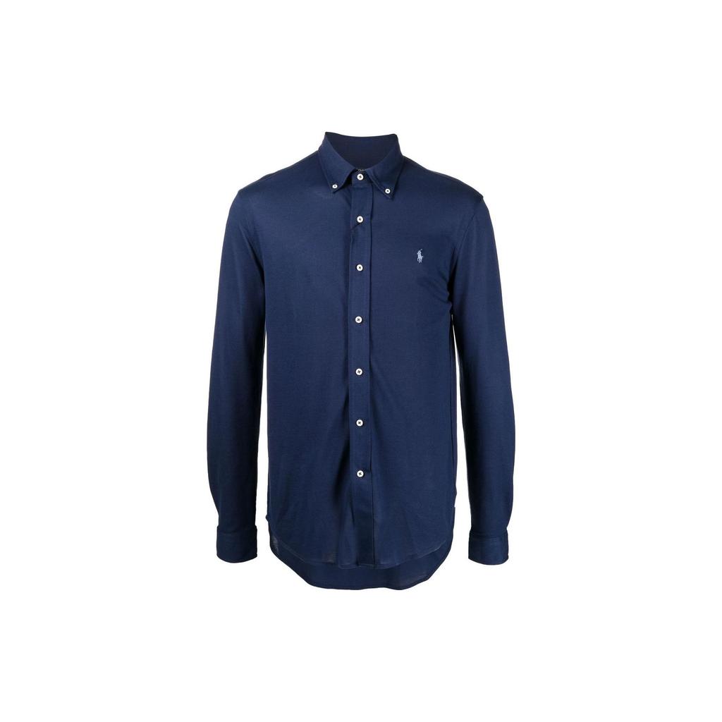 Polo Ralph Lauren Ss22 Solid Color Logo Embroidered Polo Collar Single-Breasted Long Sleeve Shirt Men Shirts Deep-Blue 710865356-003